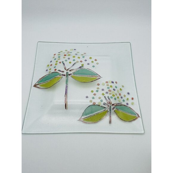 Vintage Hand Painted Mosaic Floral Square Dinner Plate Frosted Green Serve Ware - Picture 5 of 5